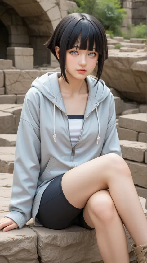 1girl, solo,hinata,(light grey eyes:1.5),black hair,short hair,outdoors,potrait,ruins,small breast,(sitting on boulders:1.4), bare shoulders,front view,blunt bangs,no puppils,(jacket:1.4),cave background,torches light,outdoor,bike shorts,close up