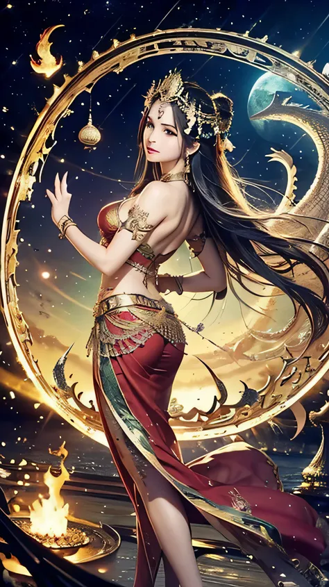 high resolution、very detailed、8k、、Beauty、The goddess、goddess、gorgeous costume、Gorgeous Ornament、belly dancer、Ashura Statue、Bisharon Day、 Demon King、 The extremely fantastic 、Spiritual World、Buddhism、Esoteric Buddhism、Mandala Background 、Zazen、high leg、T-ba...