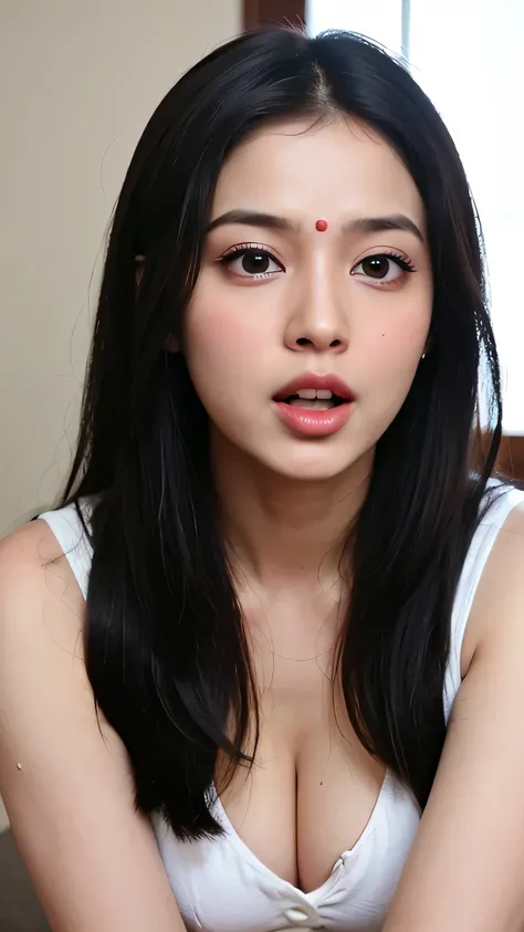 Closeup view of very young Indian wife, real indian face, round facial structure, cute face, red bindi, extreme face  closeup, very cute face, desi Indian face, realistic face, proper studio lighting, professional photoshot, gradient background, Photoreali...