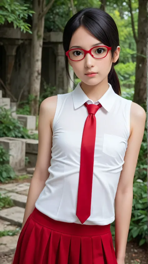 Masterpiece, best quality, 8k, ultra high resolution, photorealistic, cinematic composition,1girl, solo,sarada uchiha,black eyes,black hair,short hair,outdoors,potrait,ruins,flat chest,red framed glasses,(red necktie:1.4),forest,(white shirt:1.5),ponytail,...