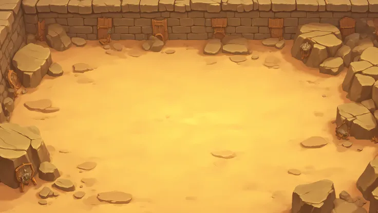 ((ratatatat74)), Quality_masterpiece, (highest quality, best quality), 2.5D view of a medieval combat arena, digital 2D illustration in 16:9. Slightly angled top-down perspective showing a sandy battleground with textured beige surface, small rocks and dar...