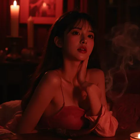 The succubus loosely wrapped around her arm is leaning forward, Her horn flickers under candlelight. smoke and imprints float in the air. in digital fantasy realism, skin gleam, ambient red light. 8k, Erotica and supernatural.