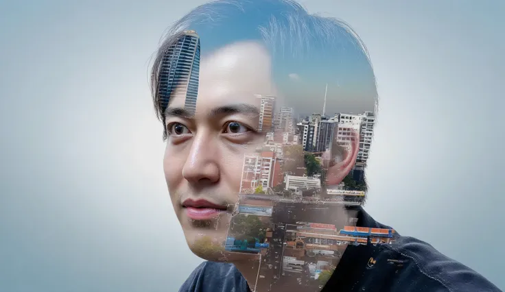 handsome man, side view, photorealistic, visible face only, ultra high resolution, ultra sharp detail, face is transparent with a city visible through it, city reflected in transparent face, double exposure of face and city, natural skin texture, realistic...