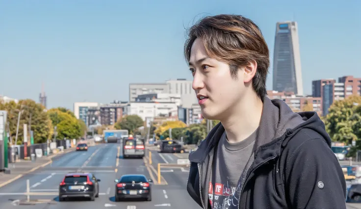 handsome man, side view, photorealistic, visible face only, ultra high resolution, ultra sharp detail, city background, natural skin texture, realistic hair strands, soft lighting, medium shot, portrait orientation, high dynamic range, clean composition, t...