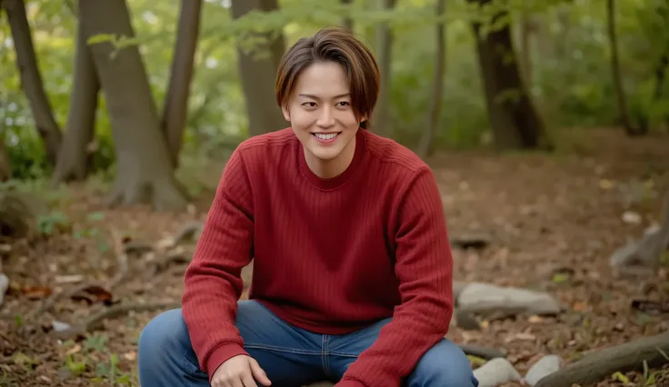 handsome man,
forest,
sitting,
wearing a red knit sweater,
wearing blue flare denim pants,
full body visible,
facing camera,
ultra high resolution,
ultra sharp detail,
photorealistic,
8k,
cinematic lighting,
golden hour soft light,
soft rim light,
shallow ...