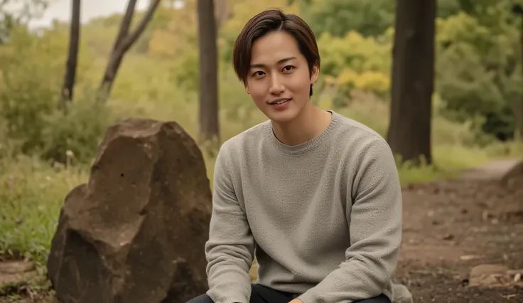handsome man,
forest,
sitting,
wearing a cozy knit sweater,
wearing flare denim pants,
facing camera,
ultra high resolution,
ultra sharp detail,
photorealistic,
8k,
cinematic lighting,
golden hour soft light,
soft rim light,
shallow depth of field,
bokeh b...