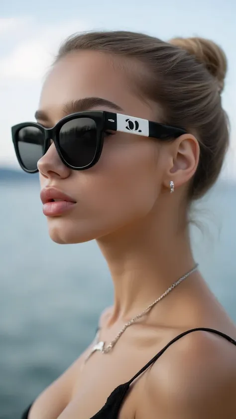 Hyperrealistic photo, quality 4k.The focus is on a glamorous young woman, Probably, in her 20s with fair skin and blond hair, tablet arranged in a smooth bundle. She is wearing large Chanel black and white sunglasses with the iconic double C logo on the st...