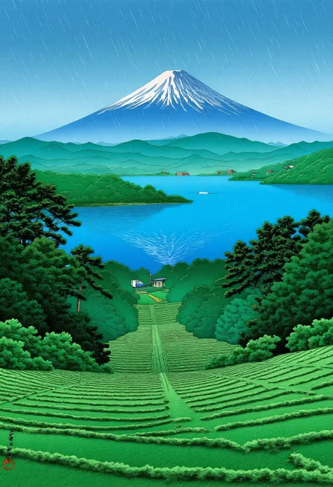In the drizzling rain of early summer, the sky is cloudy and the green trees are swaying in the wind. The scenery is impressive, with abundant nature. There are scattered lights from houses, a lake, and Mount Fuji floating on the horizon. This is a work by...