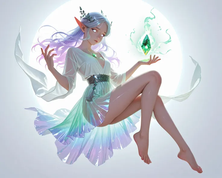 Full nude illustration of a humanoid crystal spirit. The character has long, crystal-like hair with a soft gradient light blue to lavender purple. Their eyes are glowing emerald green, resembling precious gems. They wear a shiny silver robe-like top , se...