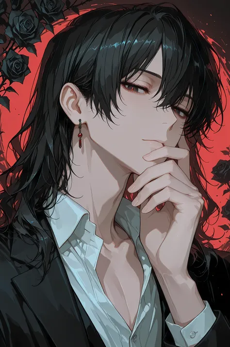 anime masterpiece, best quality, 1boy, semi-portrait, with dark wavy hair and expressive dark eyes, a thoughtful and slightly mysterious expression. He is dressed in a sleek black suit with an open collar and a small earring. He holds a single black rose d...