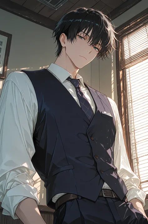 anime masterpiece, best quality, 1boy, semi-portrait, a handsome young man in a classic three-piece suit (white shirt, vest, tie). He has neatly styled black hair and light-colored eyes. His expression is thoughtfully confident, looking into the distance. ...