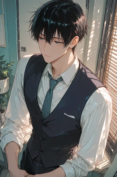 anime masterpiece, best quality, 1boy, semi-portrait, a handsome young man in a classic three-piece suit (white shirt, vest, tie). He has neatly styled black hair and light-colored eyes. His expression is thoughtfully confident, looking into the distance. ...