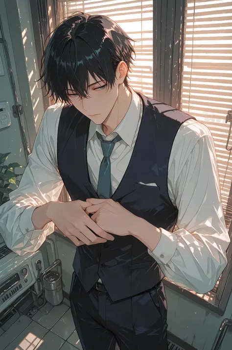 anime masterpiece, best quality, 1boy, semi-portrait, a handsome young man in a classic three-piece suit (white shirt, vest, tie). He has neatly styled black hair and light-colored eyes. His expression is thoughtfully confident, looking into the distance. ...