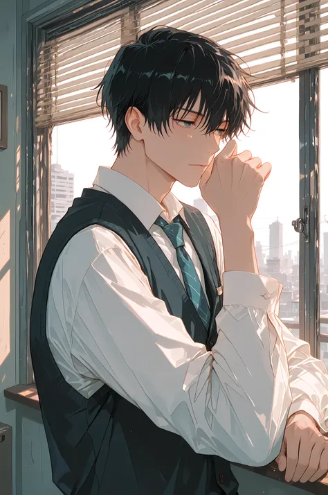 anime masterpiece, best quality, 1boy, medium shot, a handsome young man in a classic three-piece suit (white shirt, vest, tie). He has neatly styled black hair and light-colored eyes. His expression is thoughtfully confident, looking into the distance. He...