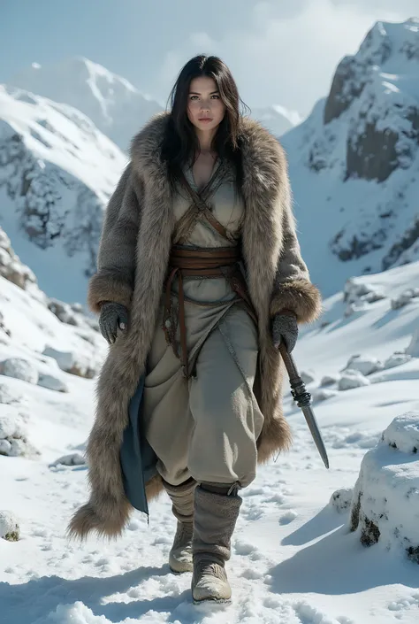 Primitive age era, (ice age era:1.6), ((Realistic cinematography ultra-wide angle depth intense details of realistically stunning ice sheet landscape scenery)),a focusing realistic happy female wanderer,an ultra detailed snowy scenery,livelihood,(every fea...