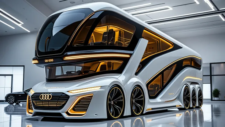 DE_style,A futuristic luxury double-decker motorhome displayed inside a large modern showroom. The motorhome has a sleek, aerodynamic white body with smooth flowing curves and black-tinted panoramic windows. The upper front section has a cockpit-style curv...