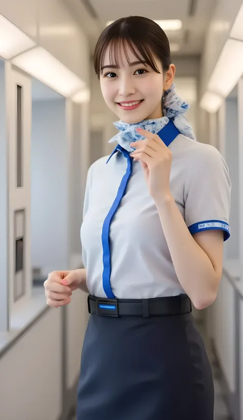 (Highest Quality、table top、8k、winning work、 ultra high res 、Highest Image Quality)、(beautiful woman in ANA flight attendant uniform:1.1)、( white polyester collared shirt、navy blue uniform、navy blue pencil miniskirt、scarf wrapped around the neck)、(The most ...