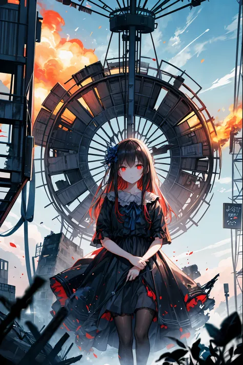 Cinematic、realistic depiction、 After Human Extinction、abandoned amusement park、Apocalyptic Scenery、I can see the collapsed ferris wheel、 decayed merry-go-round 、the sky is desolate, fiery blue with orange、 beautiful woman with a sad expression Android、The ...