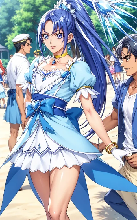 score 9 、score 8 up、score 7 up、source anime、傑作、Best quality、Best resolution、best image quality、anime coloring、anime screencap、anime screenshot、official art、1boy、cure diamond is a boy、(manly face:1.6)、solo、boy is wearing a blue dress、long blue hair boy、spar...