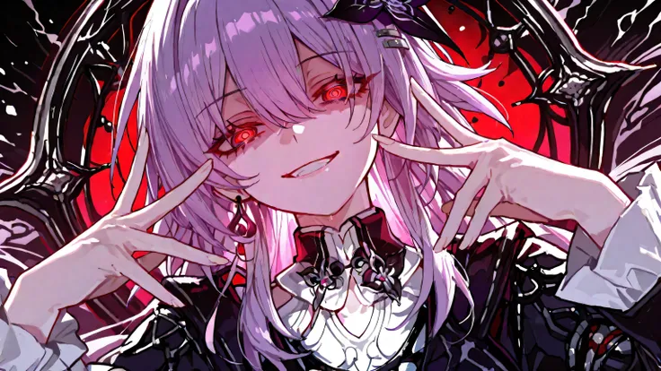 1girl, masterpiece, best quality, ultra detailed, anime style, sharp lines, clean lineart, crisp details, cel shading, high definition, 8k, elegant gothic fantasy vibe, evernight style, honkai star rail character design, intense expression, yandere smile, ...