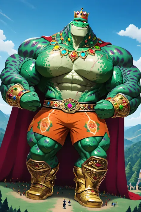 A green giant cartoon 2d frog king, gigantic chin, biggest muscular body, ginomous biceps enormous pectorals, detailed abs, golden armor with colorful jewels, golden bracelets with colorful jewels, golden necklaces with colorful jewels, golden chest with c...