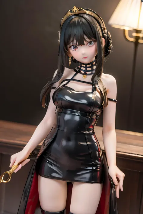 sexy leather dress showing black thighs
Pick up a weapon   (  of the highest quality,4K,8k,     portable    ,  masterpiece:1.2)
 long dark hair standing in front of me 　Yol's Hairstyle　((Royal Palace))　garter belt tiara