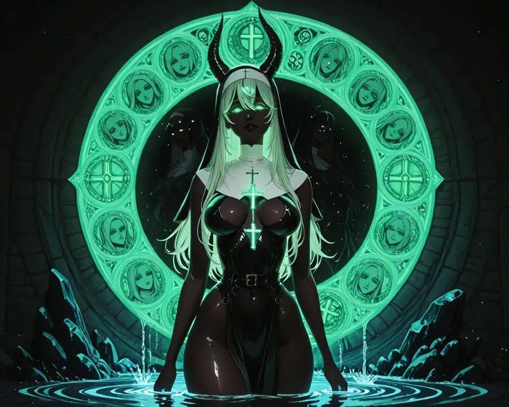 3d (neon light green and violet ),sexy nun, black woman, bare chested, devil horns \(large\), highly detailed, dmt, witch, geodes, glowing eyes, light flowing in and out of her body, flowing glowing water, metal, art nouveau