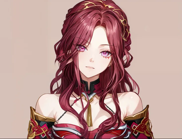 hot pink eyes, burgundy hair, bare shoulders, burgundy clothes, metal chest decoration , 1girl, Masterpiece, close-up, animated face, (beautiful and aesthetic:1. 5), Clean Lineart, perfect line art , Variable Linear Art , clean animated outline, Thick li...
