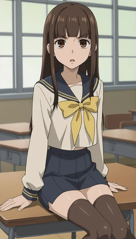 score_9, score_8_up, score_7_up, source_anime, anime screenshot,
in a classroom,
1girl, solo, brown hair, brown eyes, Haruhi, long hair, brown school uniform outfit, yellow details on uniform, yellow ribbon miniskirt,  long hair, school uniform, serafuku, ...