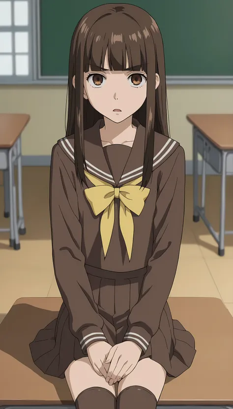 score_9, score_8_up, score_7_up, source_anime, anime screenshot,
in a classroom,
1girl, solo, brown hair, brown eyes, Haruhi, long hair, brown school uniform outfit, yellow details on uniform, yellow ribbon miniskirt,  long hair, school uniform, serafuku, ...