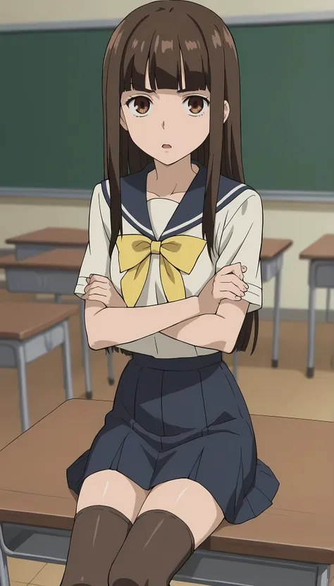 score_9, score_8_up, score_7_up, source_anime, anime screenshot,
in a classroom,
1girl, solo, brown hair, brown eyes, Haruhi, long hair, brown school uniform outfit, yellow details on uniform, yellow ribbon miniskirt,  long hair, school uniform, serafuku, ...