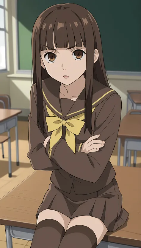 score_9, score_8_up, score_7_up, source_anime, anime screenshot,
in a classroom,
1girl, solo, brown hair, brown eyes, Haruhi, long hair, brown school uniform outfit, yellow details on uniform, yellow ribbon miniskirt,  long hair, school uniform, serafuku, ...