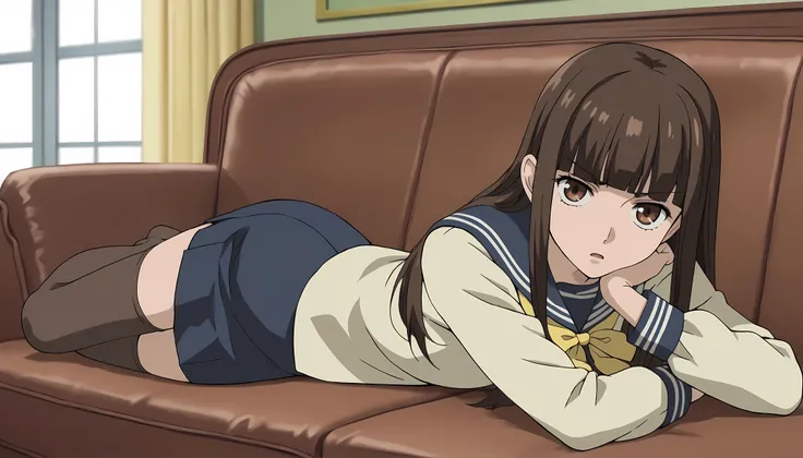 score_9, score_8_up, score_7_up, source_anime, anime screenshot, living room
1girl, solo, brown hair, brown eyes, Haruhi, long hair, brown school uniform outfit, yellow details on uniform, yellow ribbon miniskirt,  long hair, school uniform, serafuku, blun...