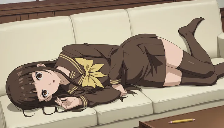 score_9, score_8_up, score_7_up, source_anime, anime screenshot, living room
1girl, solo, brown hair, brown eyes, Haruhi, long hair, brown school uniform outfit, yellow details on uniform, yellow ribbon miniskirt,  long hair, school uniform, serafuku, blun...