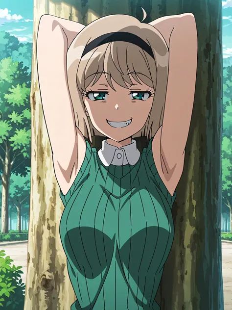 masterpiece, best quality, amazing quality, anime screencap, anime coloring, 1girl, solo, Miki H25, light brown hair, short hair,bangs, green eyes, black hairband, medium breast, slim waist, green striped sweater, sleeveless sweater, ribbed sweater, ribbed...