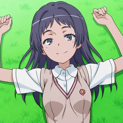 maaya awatsuki \(railgun\), Toaru Kagaku no Railgun & Index anime style, dark blue hair, long hair, bangs, sidelocks, blue eyes, school uniform, skirt, socks, heels, small breasts, anime screencap, high quality, solo, lying, on back, arms up, legs apart, ...