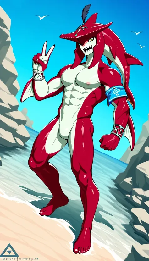 the highest quality, 8K, prince sidon (Legend of Zelda), anthropomorphic shark, red scaly body, sharp teeth, Opening Mouth,  refreshing smile , Dynamic Angle, naked, swim armband, pose dinámica, looking at the viewer, shirtless, show off pectorals, peace s...