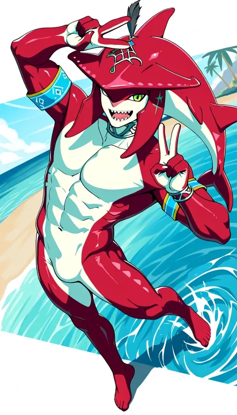 the highest quality, 8K, prince sidon (Legend of Zelda), anthropomorphic shark, red scaly body, sharp teeth, Opening Mouth,  refreshing smile , Dynamic Angle, naked, swim armband, pose dinámica, looking at the viewer, shirtless, show off pectorals, peace s...