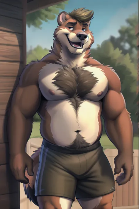 highest res,weasel,anthro,4 fingers,(best toughest manliest most masculine nude skinny mature 35 year old bara anthro male:1.4),tail, standing outside in best most realistic detailed accurate backyard of best most realistic detailed accurate suburban briti...