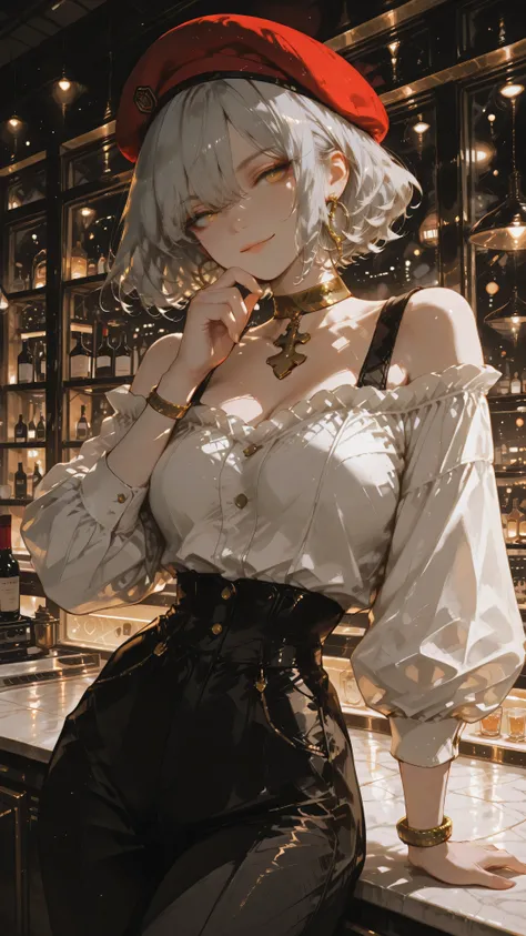 Anime girl character, short curly hair, light gray hair, yellow eyes, looking sideways, intense Himedere expression, discreet smile, toned body. Wearing a white puffy, off-the-shoulder, long-sleeved blouse, black high-waisted pant, gold hoop earrings, gold...