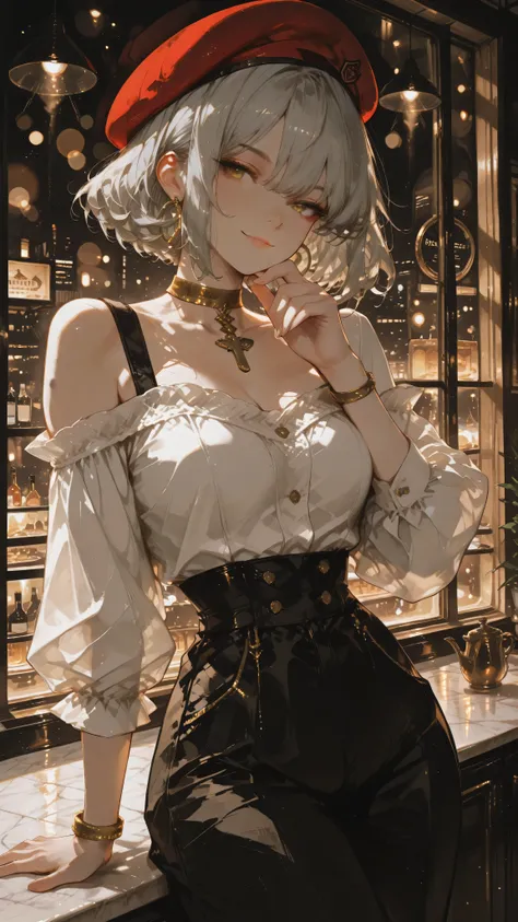 Anime girl character, short curly hair, light gray hair, dark yellow eyes, looking sideways, Himedere expression, discreet smile, toned body. Wearing a white puffy, off-the-shoulder, long-sleeved blouse, black high-waisted pant, gold hoop earrings, gold br...