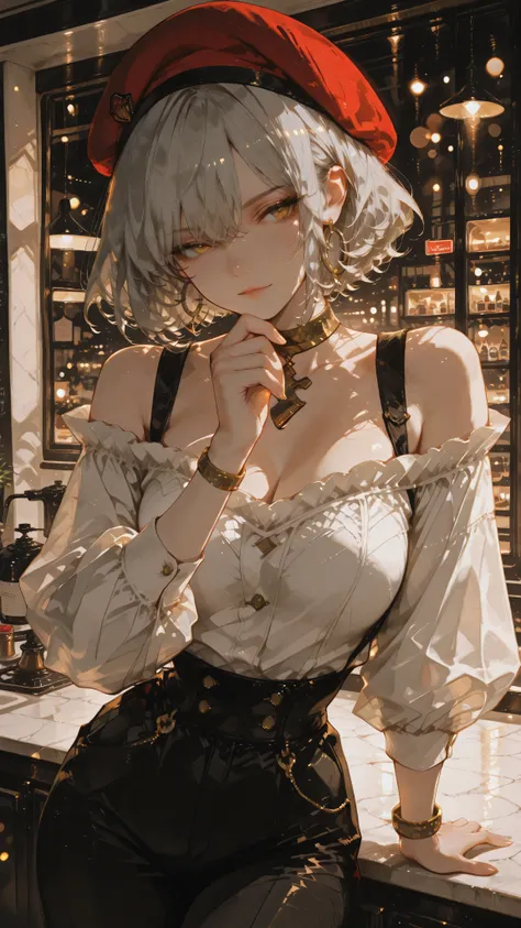 Anime girl character, short curly hair, light gray hair, dark yellow eyes, looking sideways, haughty look, Himedere expression, proud mouth, toned body. Wearing a white puffy, off-the-shoulder, long-sleeved blouse, black high-waisted pant, gold hoop earrin...
