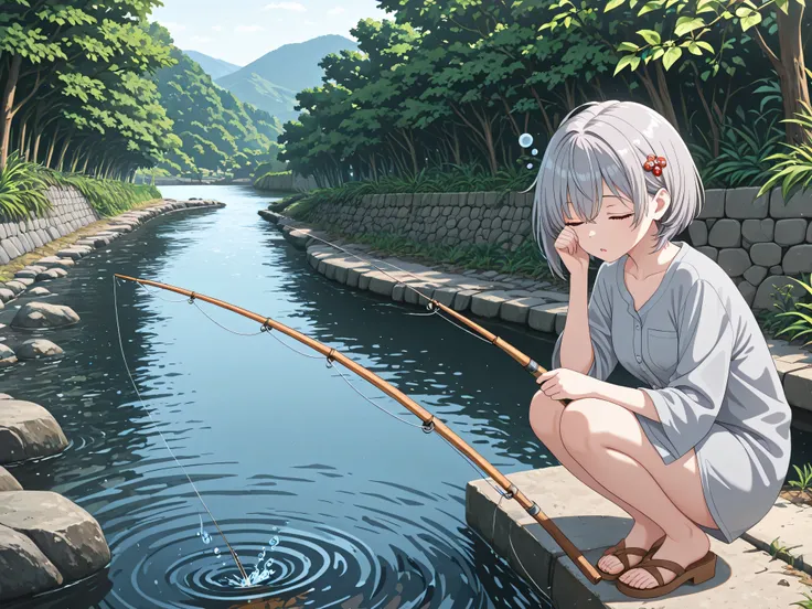 1 woman,gray hair,shorthair,with hair ornaments on both ears,sleepy expression,squatting,Riverside,fishing,High Quality,4K,Details Precise,HDR,professional