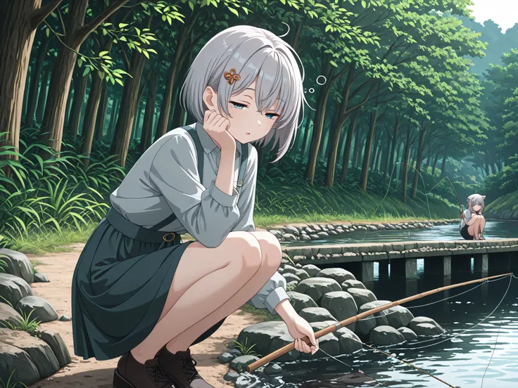 1 woman,gray hair,shorthair,with hair ornaments on both ears,sleepy expression,squatting,Riverside,fishing,High Quality,4K,Details Precise,HDR,professional