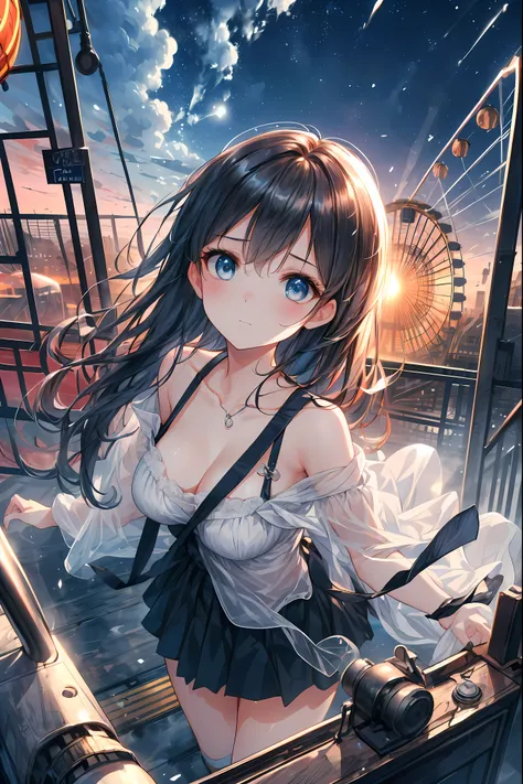 Cinematic、realistic depiction、((Highest Quality)), (Highly Detailed), (High Definition CG Composite 8K Wallpaper), 高いly detailed,  高い-definition raw colbor photos, professional photo shoot,  ((from above:1.2)) 、(((((collapsed ferris wheel 1.4)))))、Depth of...