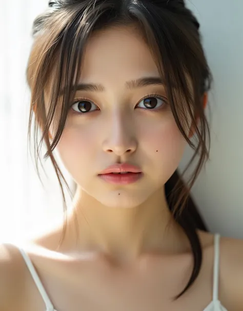 Raw photo, reality, ((staring)), ((focus on face)), ((close-up)), front view, Japanese woman, serious expression, ((brown hair, medium-long hair, hairstyle)), off-the-shoulder, beautiful collarbone, unedited, live-action, authentic, cute young girl, beauti...