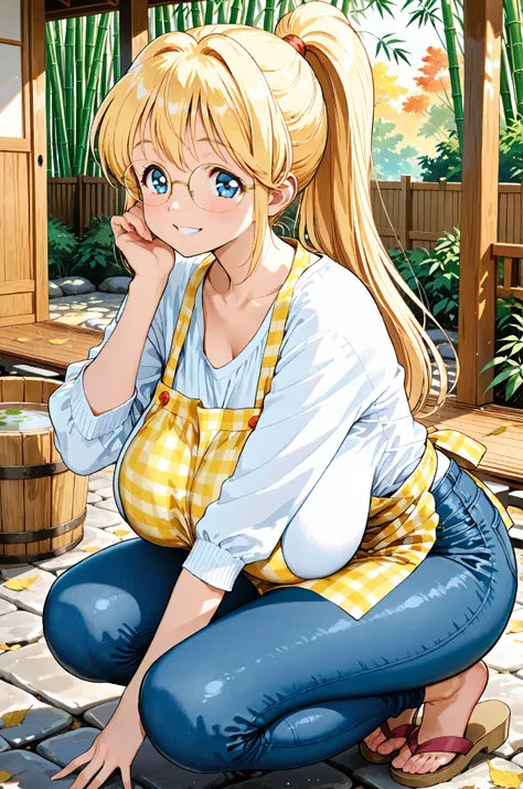 A cozy autumn home garden, crouching and facing forward, Sensei Luna, very long yellow ponytail, detailed and expressive blue eyes, perfectly round thin metal-framed glasses with sharp and clear lines, smiling happily, white three-quarter sleeve shirt with...