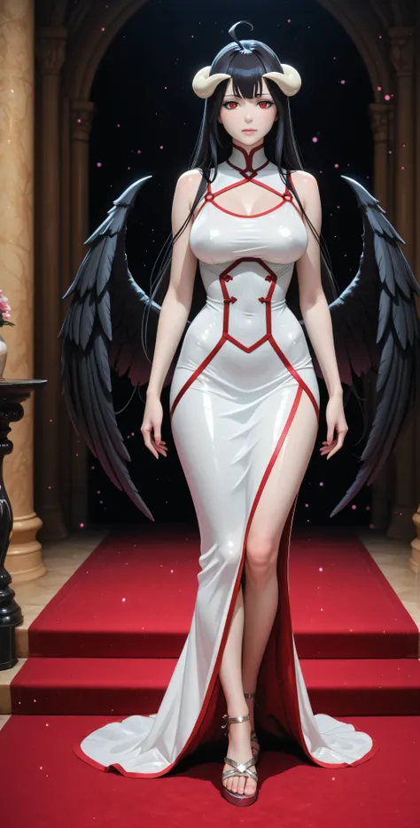 perfect anatomy. Photo RAW. masterpiece. My sexy older sister Albedo from Overlord. she is a slutty nymphomaniac MILF succubus. She has long shiny black hair, Red Eyes, pale porcelain skin, She wears a tight qipao in glossy black latex. Droplet neckline, s...