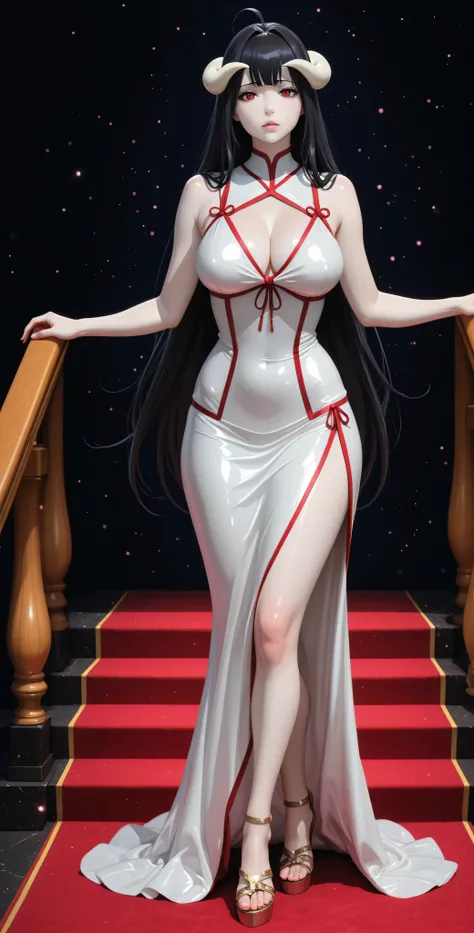 perfect anatomy. Photo RAW. masterpiece. My sexy older sister Albedo from Overlord. she is a slutty nymphomaniac MILF succubus. She has long shiny black hair, Red Eyes, pale porcelain skin, She wears a tight qipao in glossy black latex. Droplet neckline, s...
