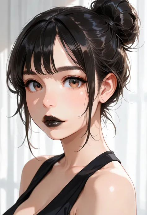 ((Perfect Face, Black Hair Bun, Brown Eyes, Black Thick Lips, Female Beautiful))